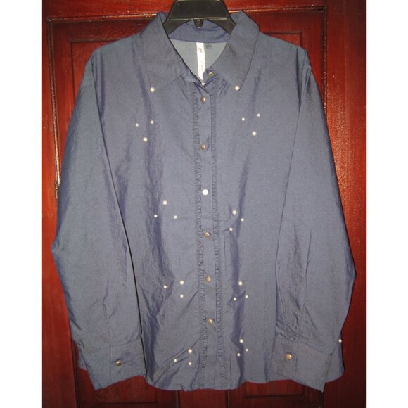 NY Collection Woman New Plus 1X Button Shirt Top Blouse Pearls Chambray Ruffle - Picture 1 of 2